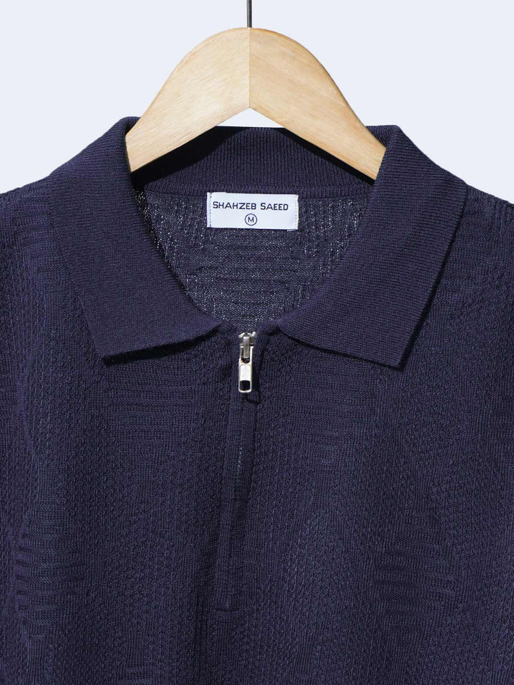 Navy Blue Sweater Knitted Zipper Polo (SKZP-021)