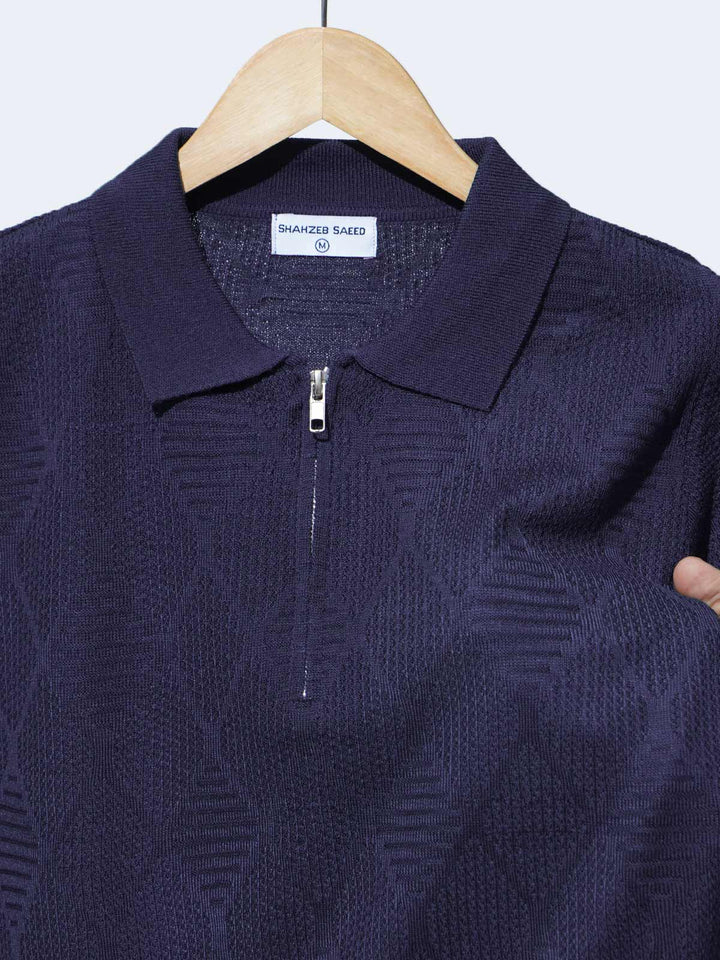 Navy Blue Sweater Knitted Zipper Polo (SKZP-021)