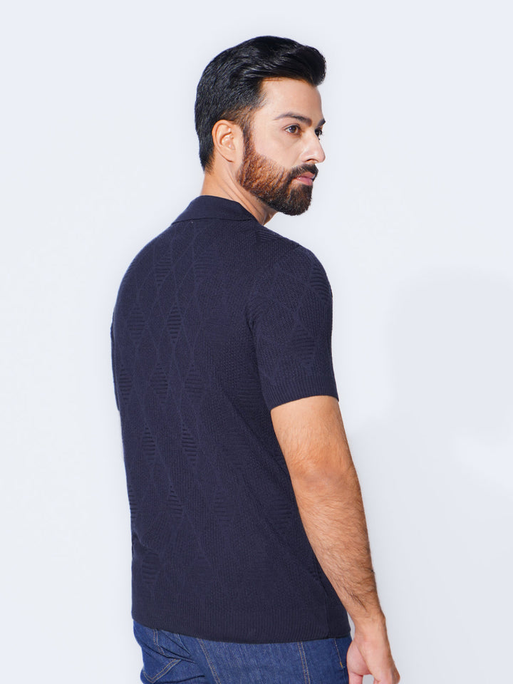 Navy Blue Sweater Knitted Zipper Polo (SKZP-021)
