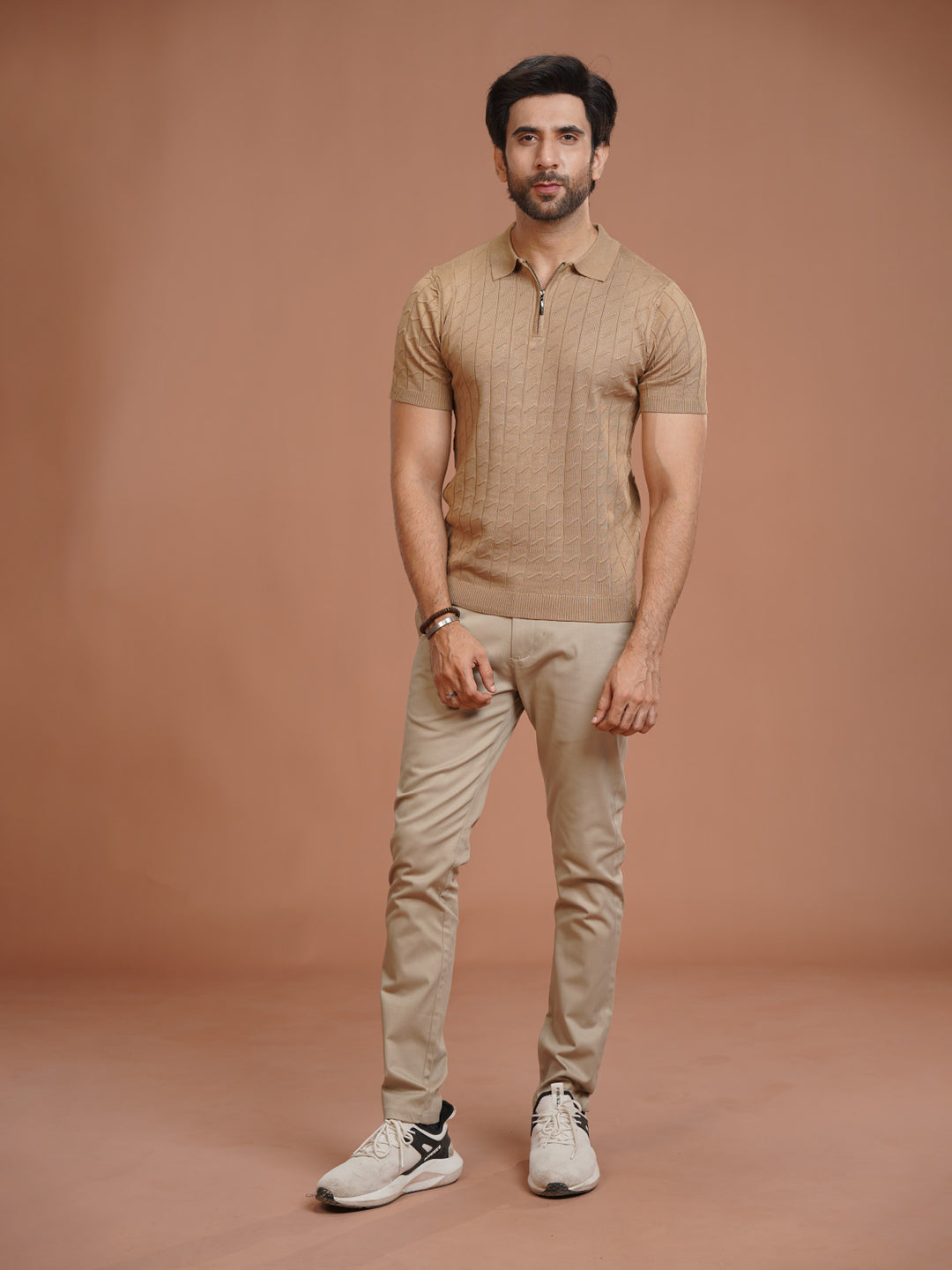 Camel Sweater Knitted Zipper Polo (SKZP-027)
