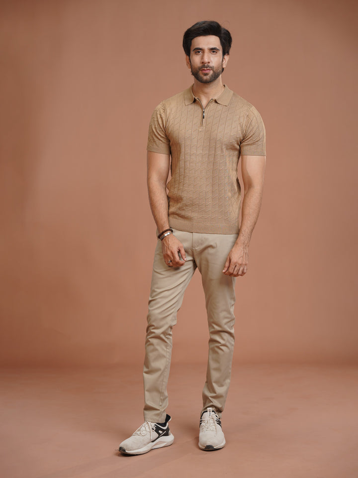 Camel Sweater Knitted Zipper Polo (SKZP-027)