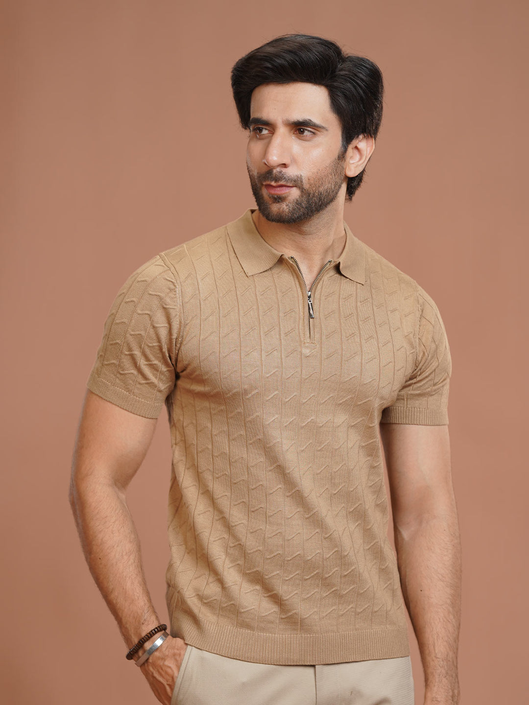 Camel Sweater Knitted Zipper Polo (SKZP-027)