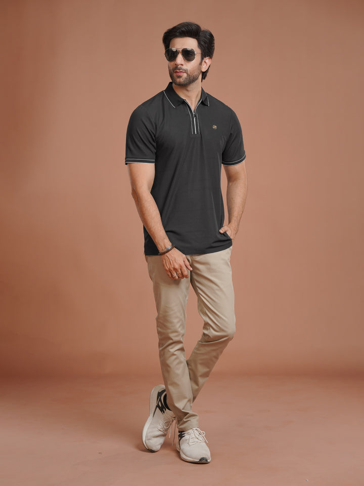 Black Nylon Spandex Zipper Polo (NSZP-002)
