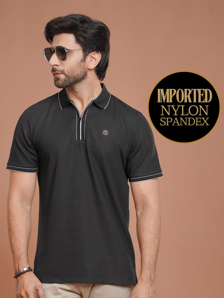 Black Nylon Spandex Zipper Polo (NSZP-002)