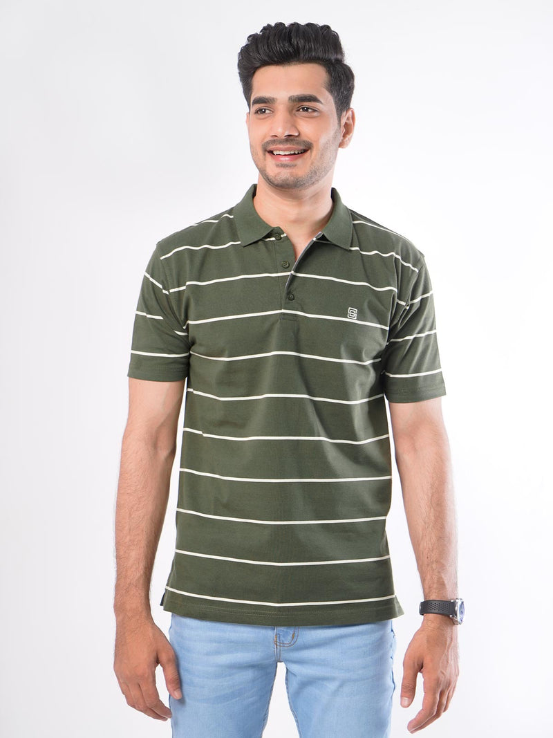 Olive Green & White Striped Half Sleeves Polo T-Shirt (POLO-417)