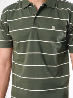 Olive Green & White Striped Half Sleeves Polo T-Shirt (POLO-417)