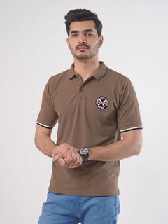 Light Brown Plain Twin Contrast Lycra Elastane Half Sleeves Polo T-Shirt (POLO-444)