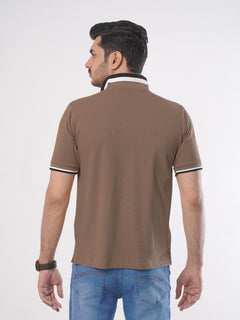 Light Brown Plain Twin Contrast Lycra Elastane Half Sleeves Polo T-Shirt (POLO-444)