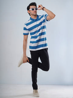 Royal Blue & White Contrast Tipping Collar Half Sleeves Striped Polo T-Shirt (POLO-504)