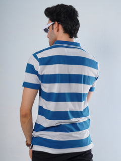 Royal Blue & White Contrast Tipping Collar Half Sleeves Striped Polo T-Shirt (POLO-504)