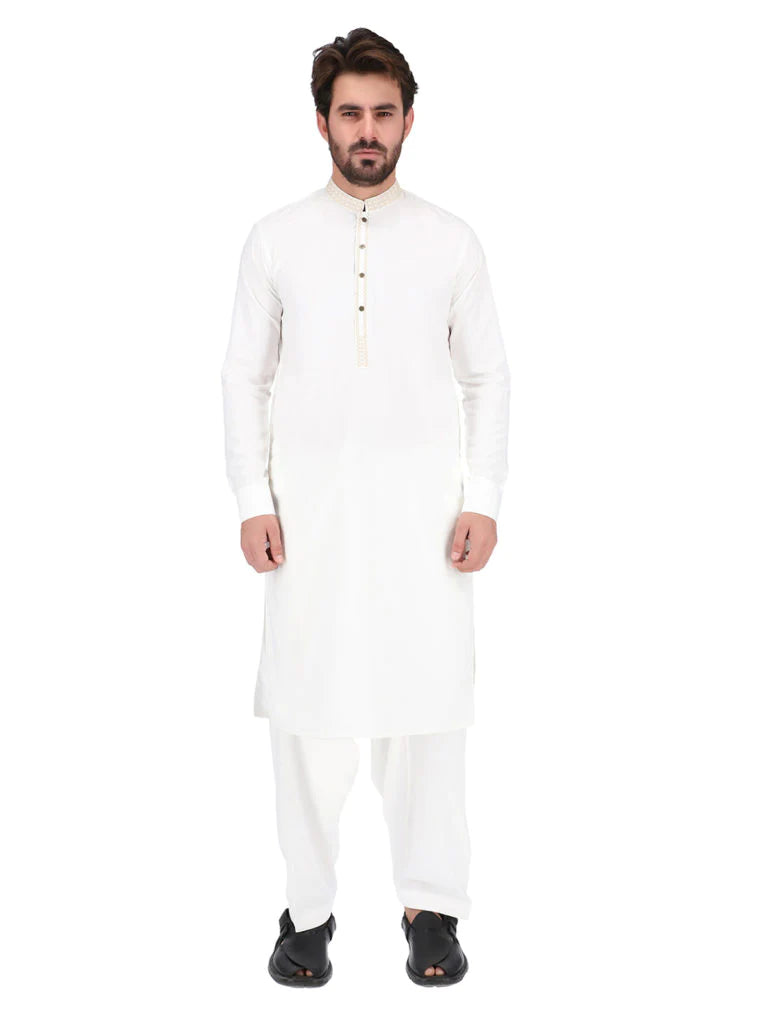 Off White Shalwar Kameez With Waistcoat Style Combination