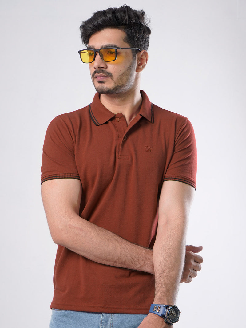 Rust Plain Contrast Tipping Half Sleeves Polo T-Shirt (POLO-574)