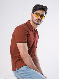 Rust Plain Contrast Tipping Half Sleeves Polo T-Shirt (POLO-574)