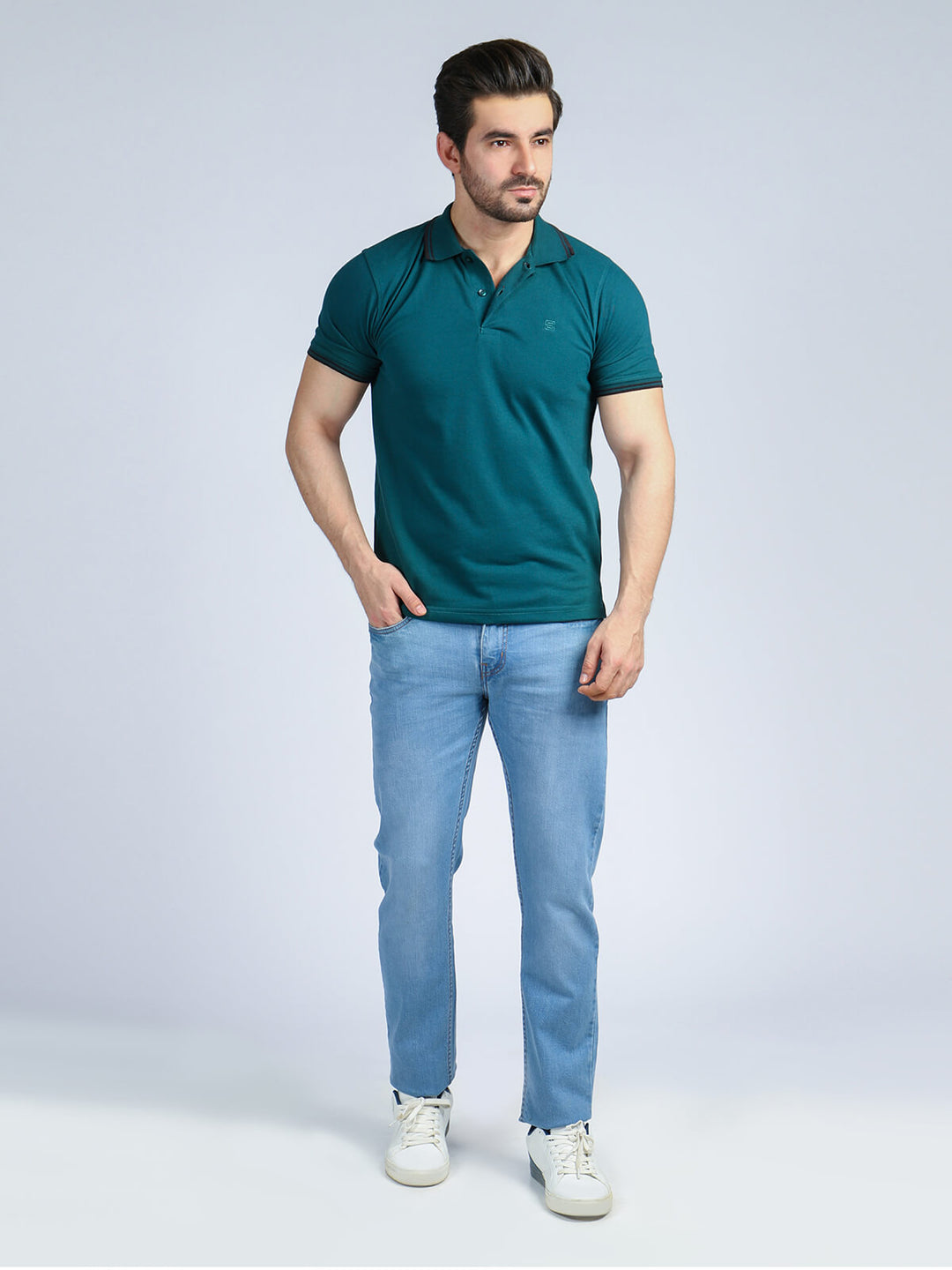 Turquoise Plain Contrast Tipping Half Sleeves Polo T-Shirt (POLO-575)