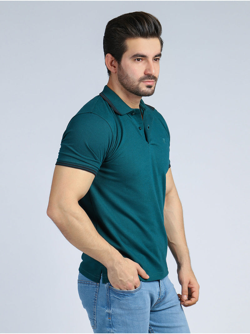 Turquoise Plain Contrast Tipping Half Sleeves Polo T-Shirt (POLO-575)