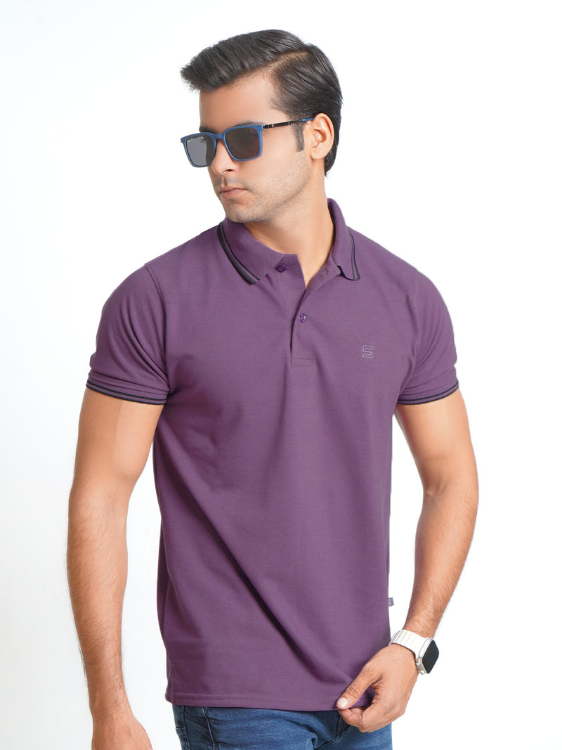 Purple Plain Contrast Tipping Half Sleeves Polo T-Shirt (POLO-577)