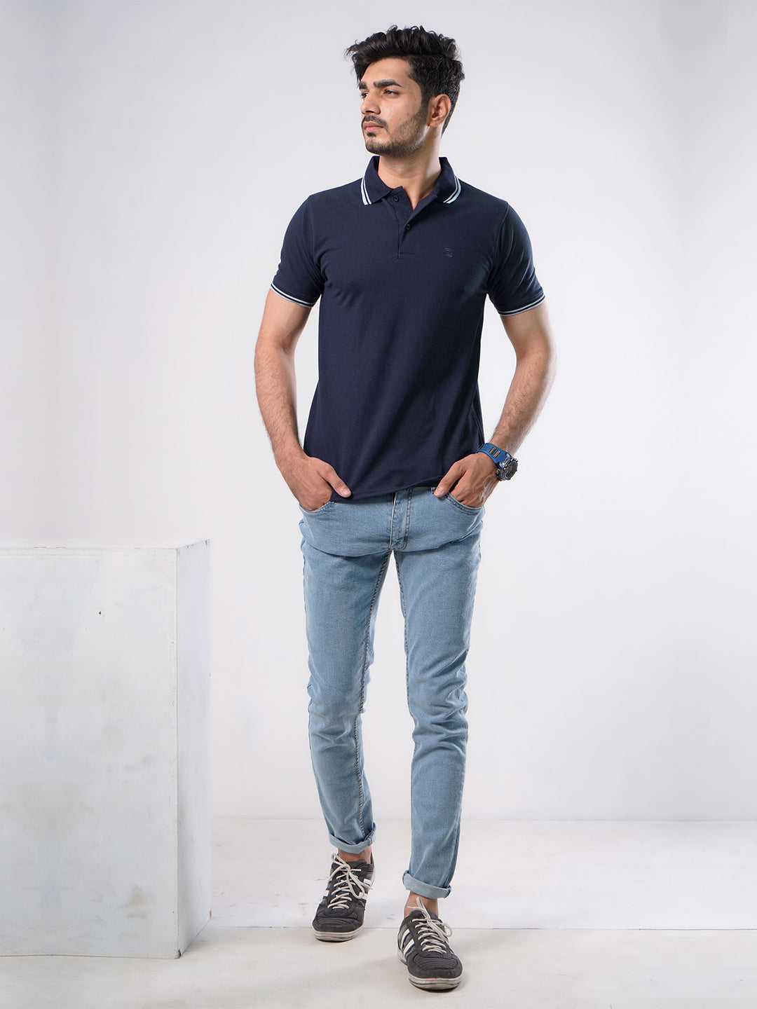 Navy Blue Plain Contrast Tipping Half Sleeves Polo T-Shirt (POLO-578)