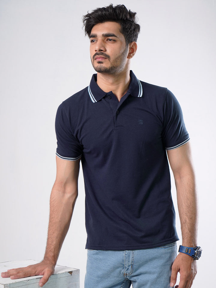 Navy Blue Plain Contrast Tipping Half Sleeves Polo T-Shirt (POLO-578)