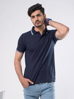 Navy Blue Plain Contrast Tipping Half Sleeves Polo T-Shirt (POLO-578)
