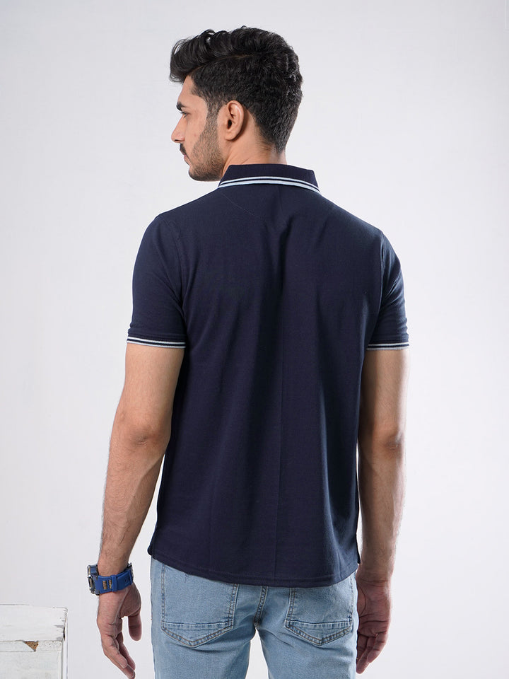 Navy Blue Plain Contrast Tipping Half Sleeves Polo T-Shirt (POLO-578)