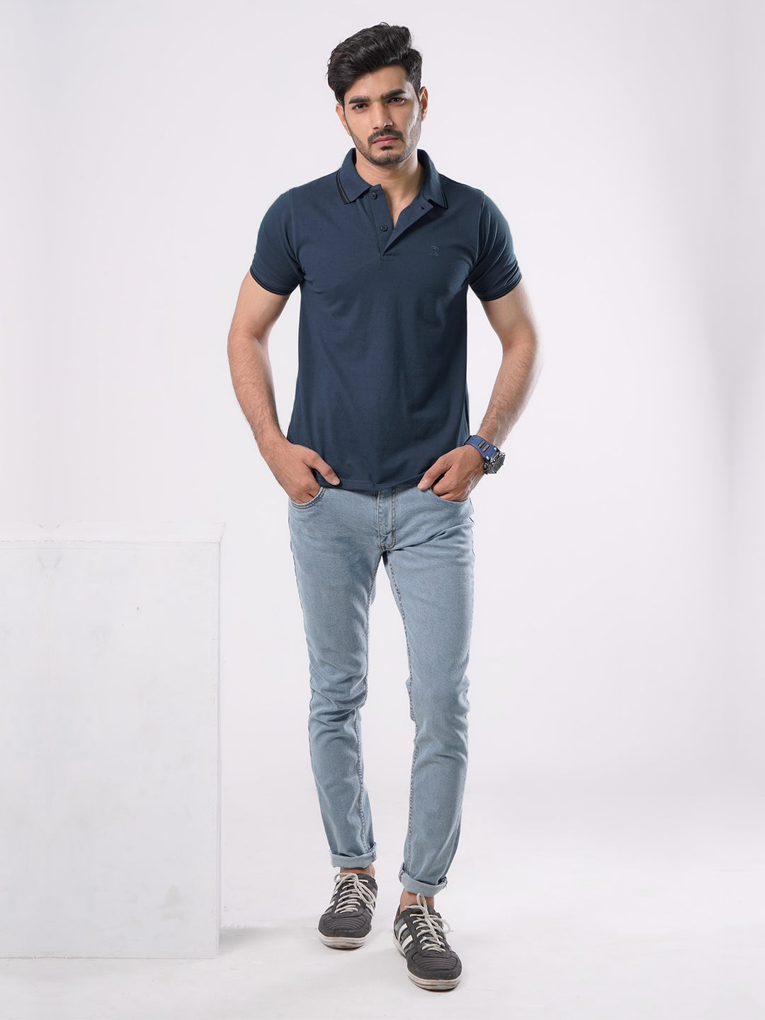 Dark Turquoise Plain Contrast Tipping Half Sleeves Polo T-Shirt (POLO-579)