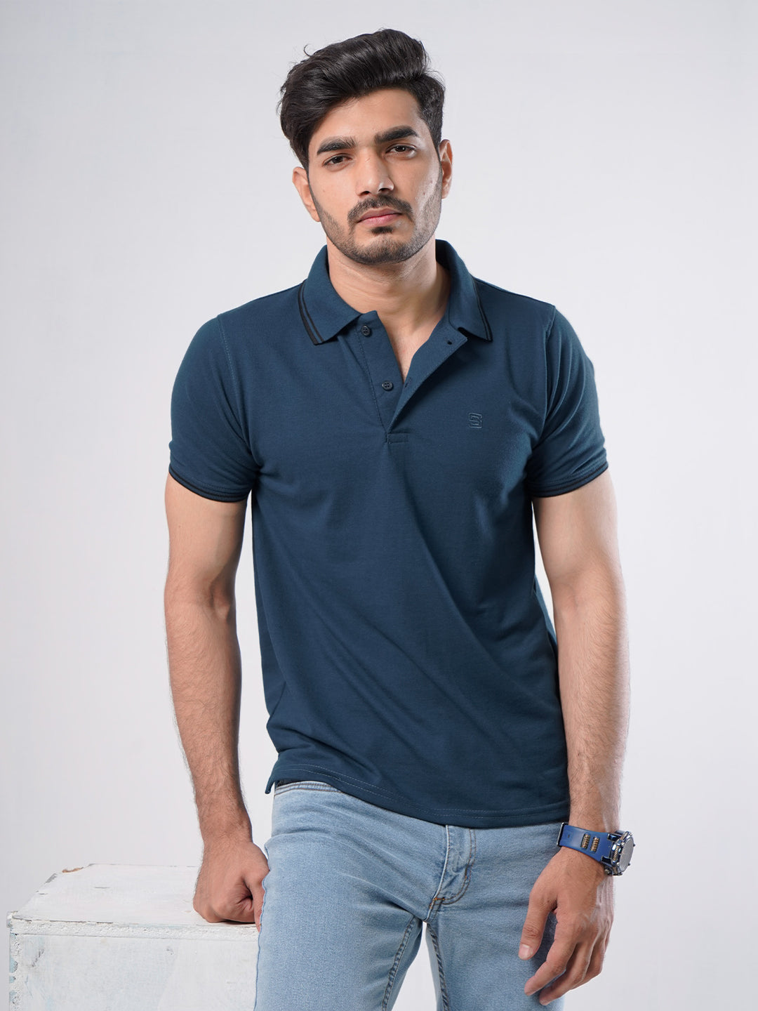 Dark Turquoise Plain Contrast Tipping Half Sleeves Polo T-Shirt (POLO-579)