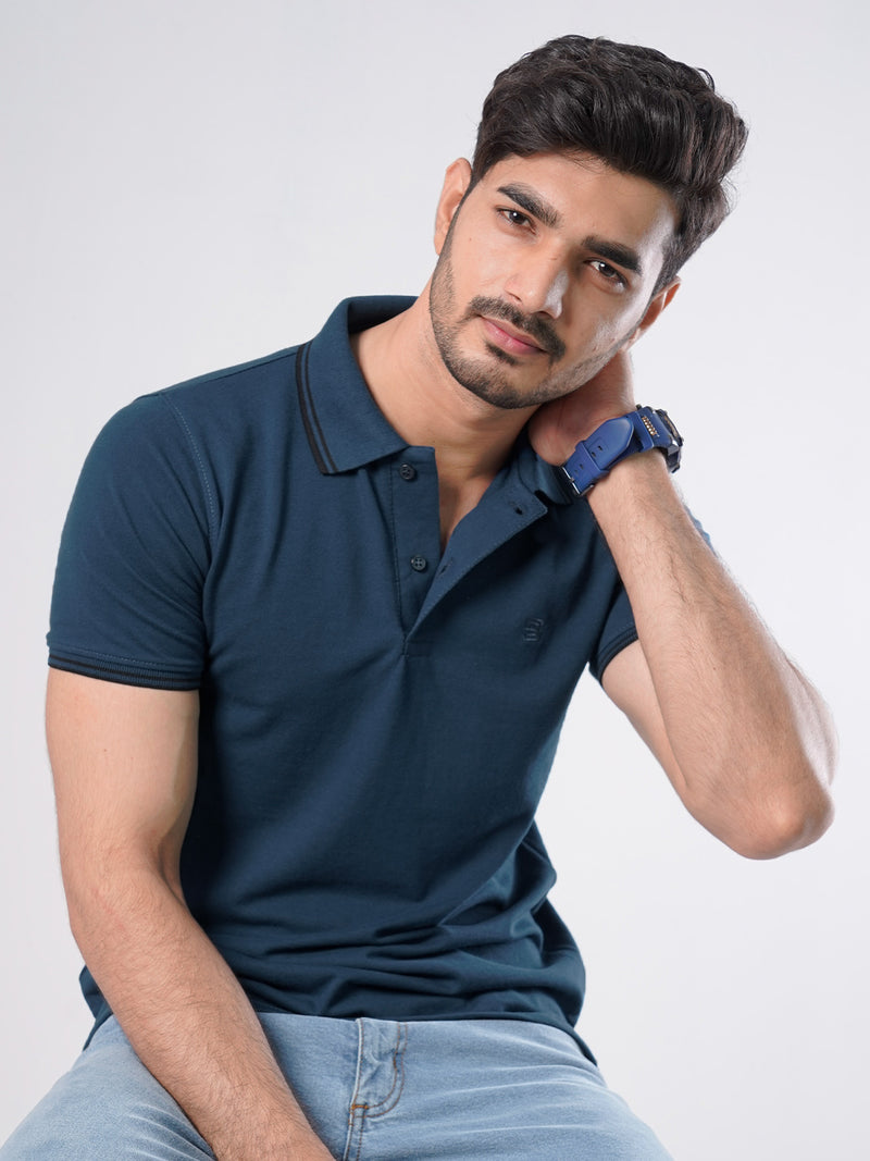 Dark Turquoise Plain Contrast Tipping Half Sleeves Polo T-Shirt (POLO-579)