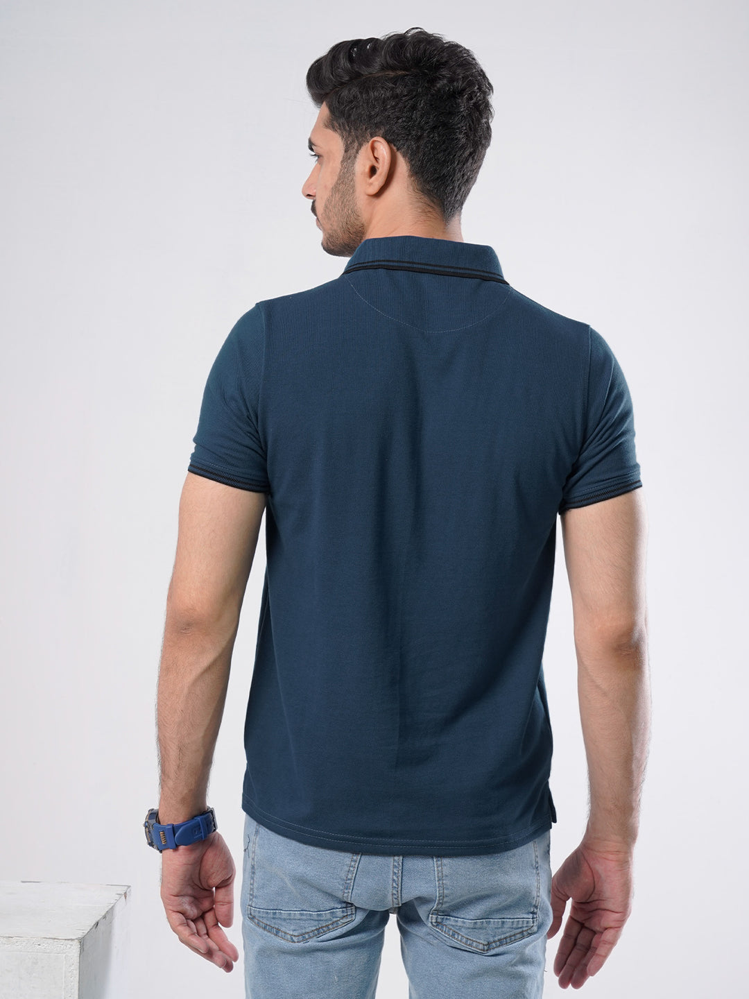 Dark Turquoise Plain Contrast Tipping Half Sleeves Polo T-Shirt (POLO-579)