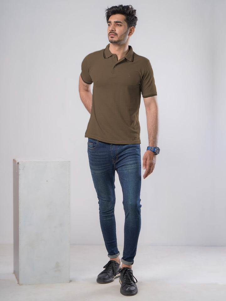 Brown Plain Contrast Tipping Half Sleeves Polo T-Shirt (POLO-580)