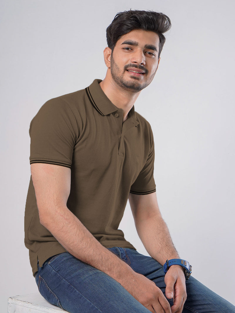 Brown Plain Contrast Tipping Half Sleeves Polo T-Shirt (POLO-580)