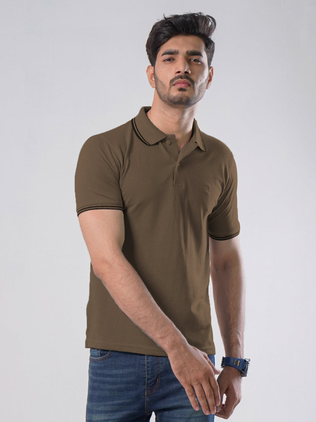 Brown Plain Contrast Tipping Half Sleeves Polo T-Shirt (POLO-580)