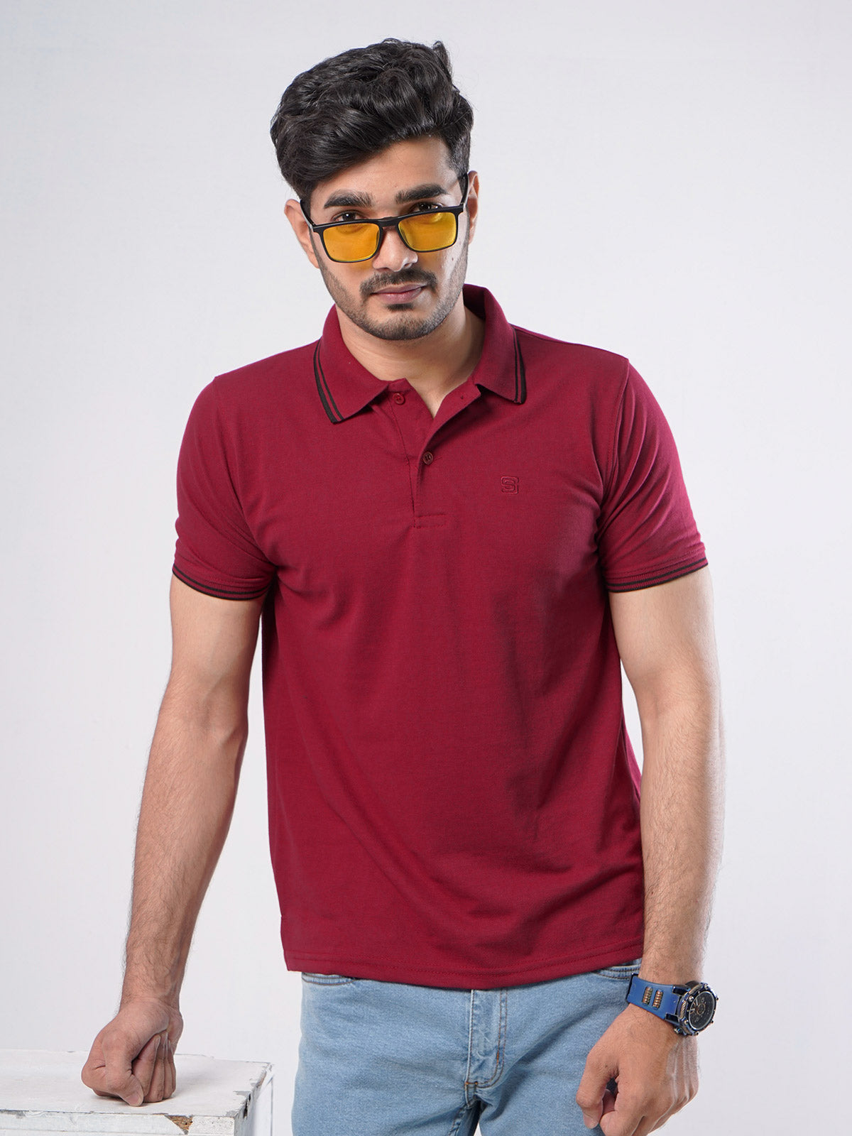Red Plain Contrast Tipping Half Sleeves Polo T-Shirt (POLO-581)