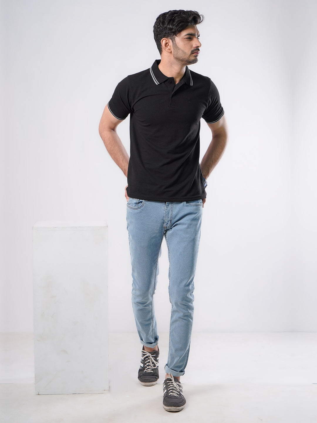 Black Plain Contrast Tipping Half Sleeves Polo T-Shirt (POLO-582)