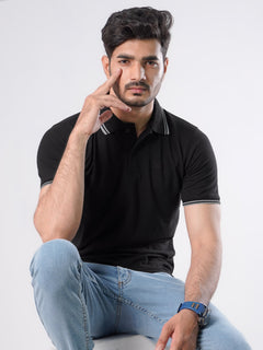 Black Plain Contrast Tipping Half Sleeves Polo T-Shirt (POLO-582)