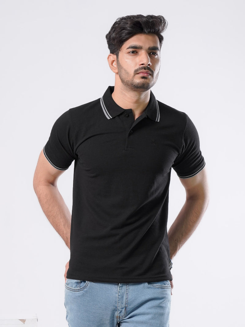 Black Plain Contrast Tipping Half Sleeves Polo T-Shirt (POLO-582)