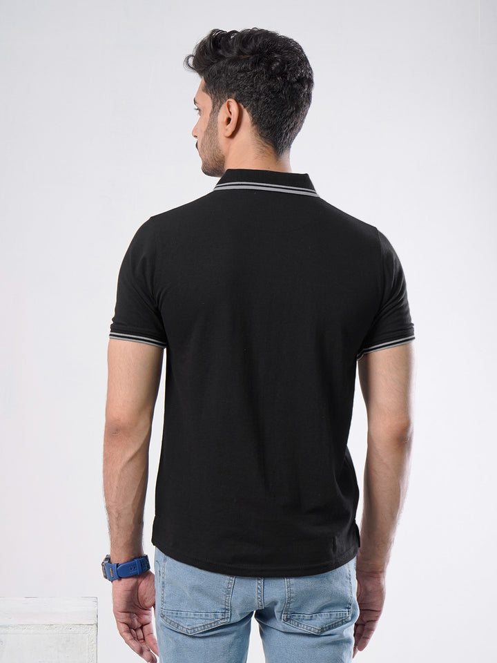 Black Plain Contrast Tipping Half Sleeves Polo T-Shirt (POLO-582)