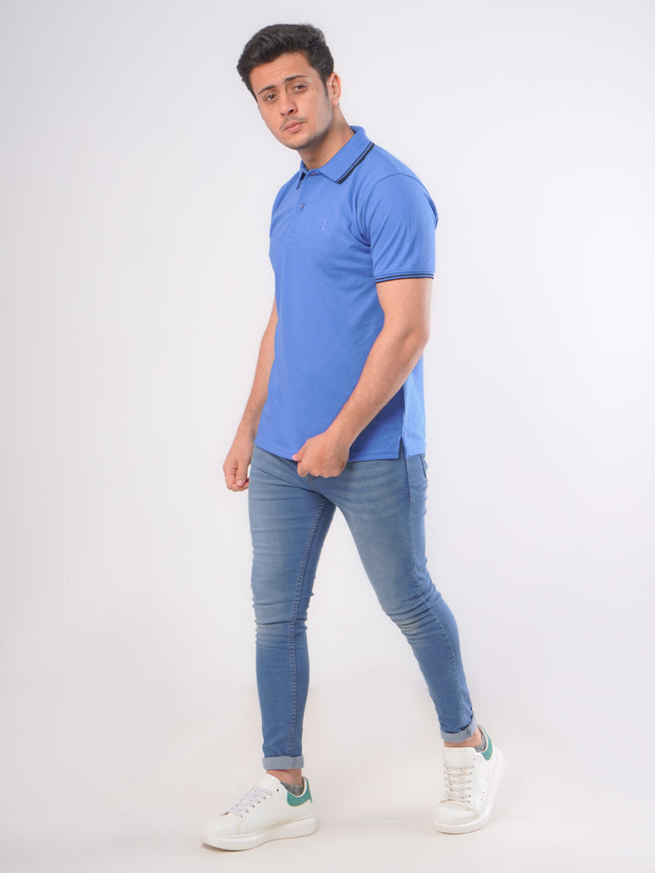 Light Blue Plain Contrast Tipping Half Sleeves Polo T-Shirt (POLO-583)