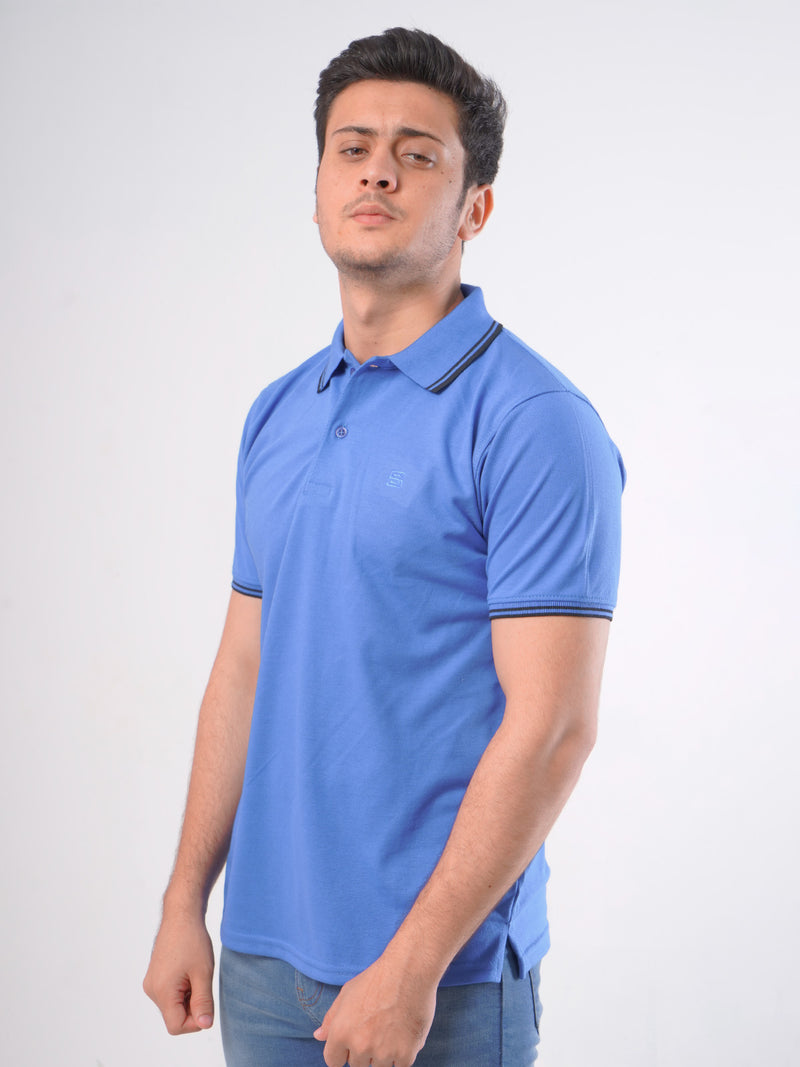 Light Blue Plain Contrast Tipping Half Sleeves Polo T-Shirt (POLO-583)