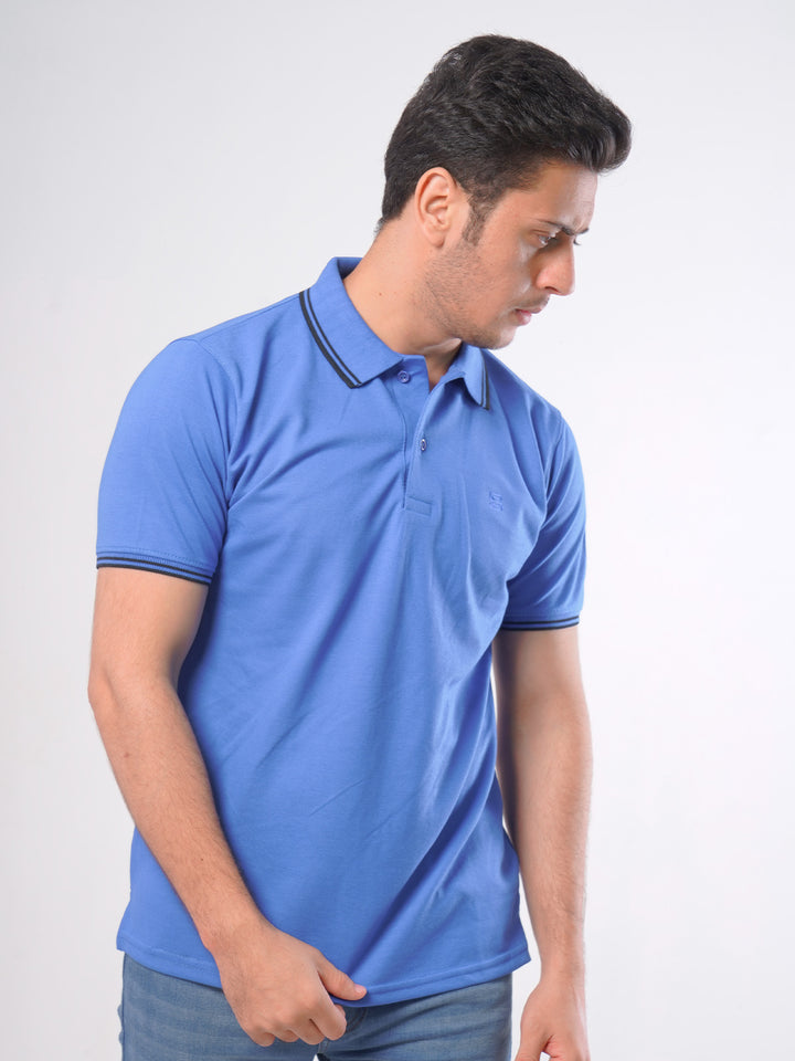 Light Blue Plain Contrast Tipping Half Sleeves Polo T-Shirt (POLO-583)