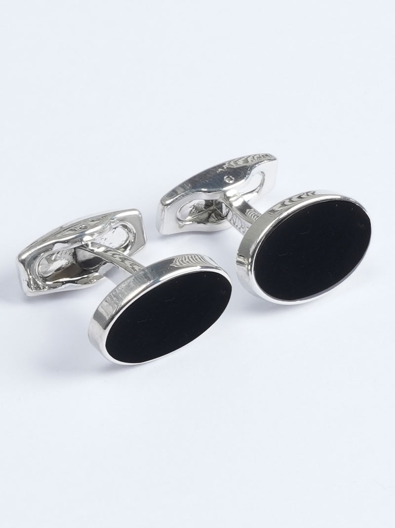 Silver Oval Black Stone Cufflink  (CUFFLINK-598)