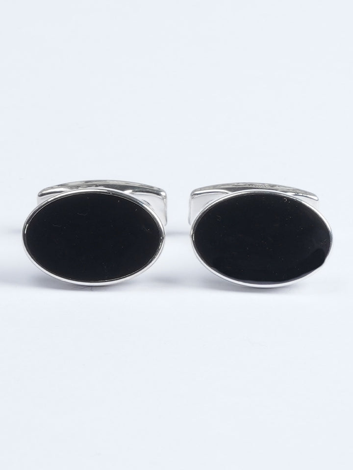 Silver Oval Black Stone Cufflink  (CUFFLINK-598)