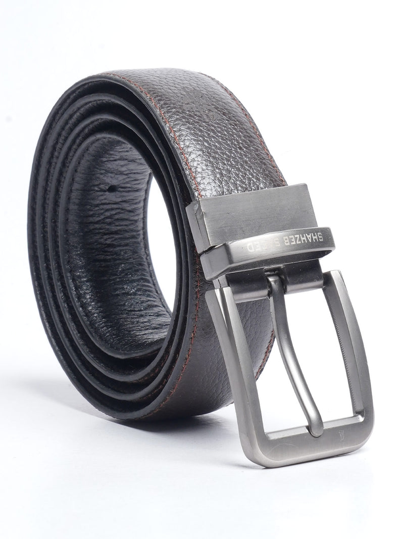 Black & Dark Brown Textured Reversible Leather Belt (BELT-641)