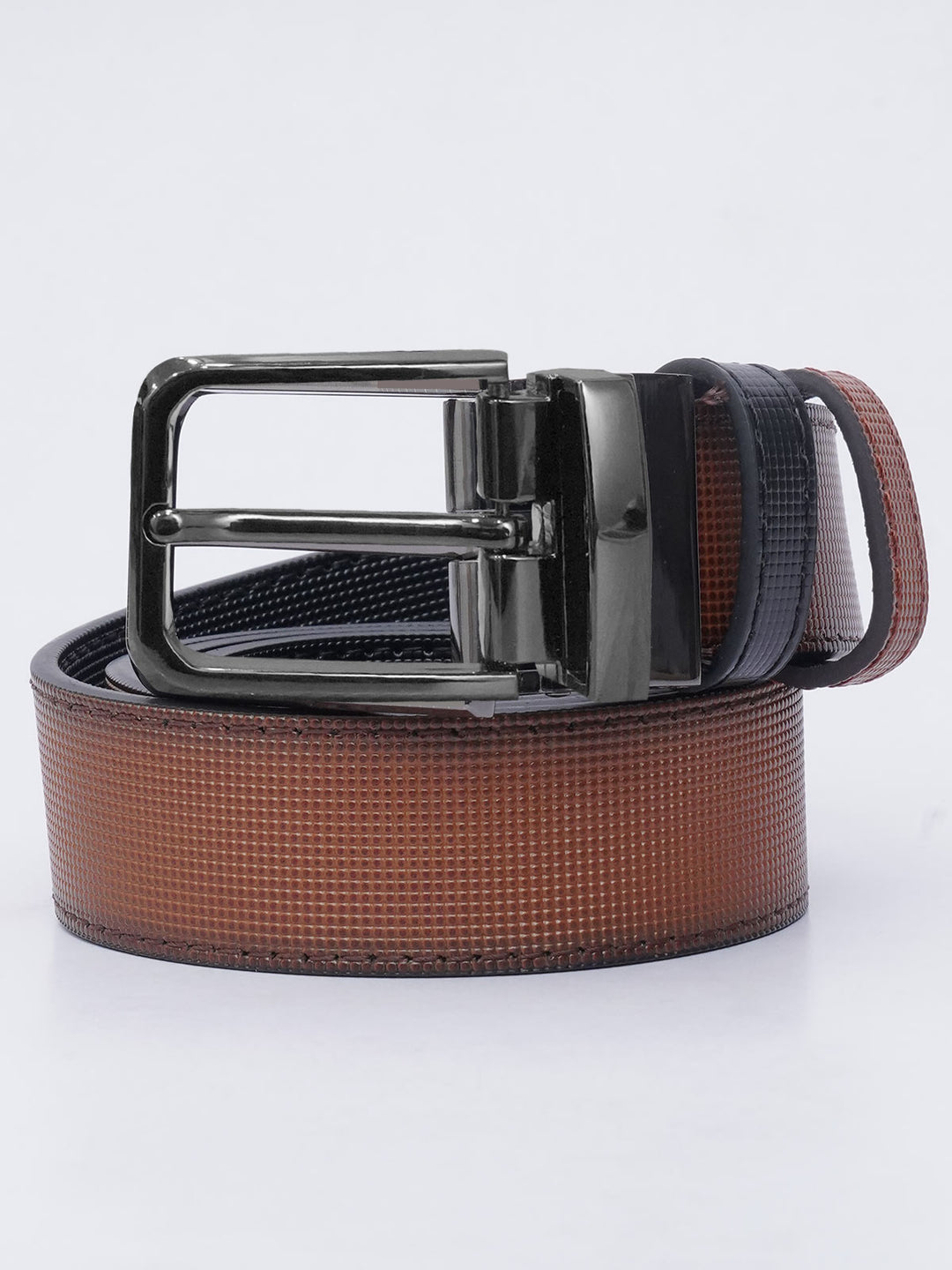 Brown & Black Self Textured Leather Belt  (BELT-696)