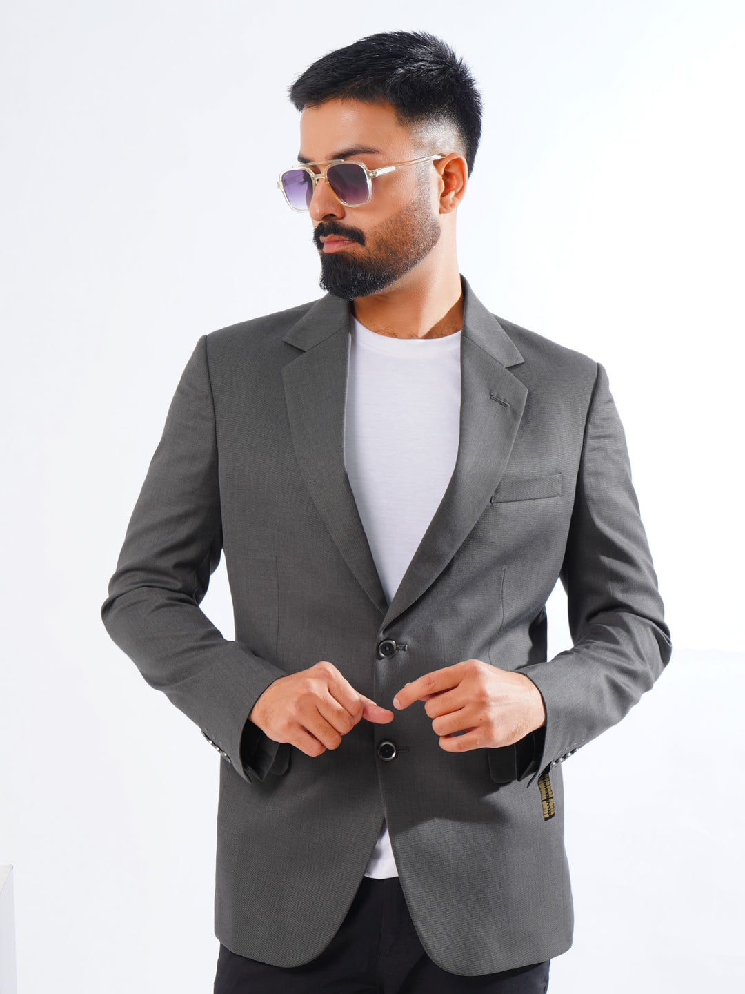 Dark Grey Self Single-Breasted Tailored Men’s Blazer (BMF-049)