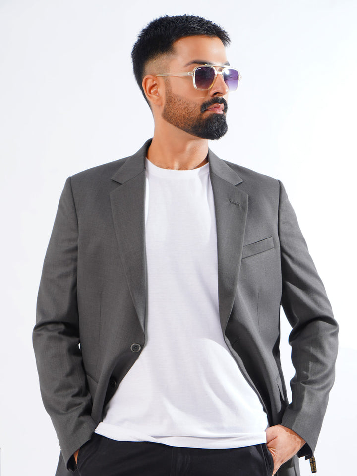 Dark Grey Self Single-Breasted Tailored Men’s Blazer (BMF-049)