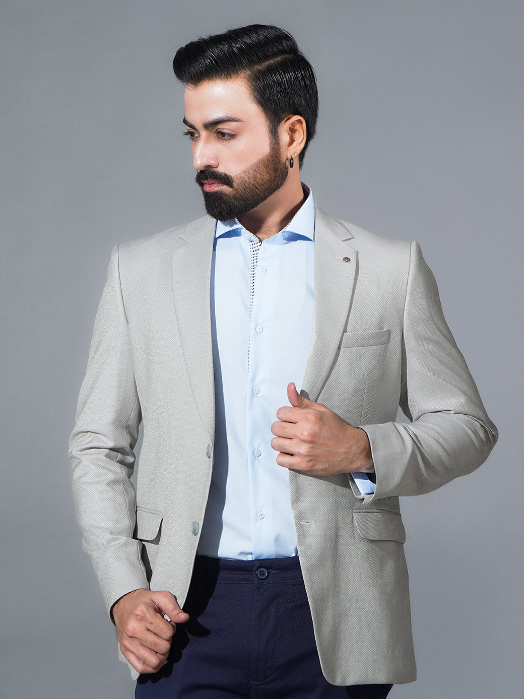 Light Grey Self Single-Breasted Tailored Men’s Blazer (BMF-067)