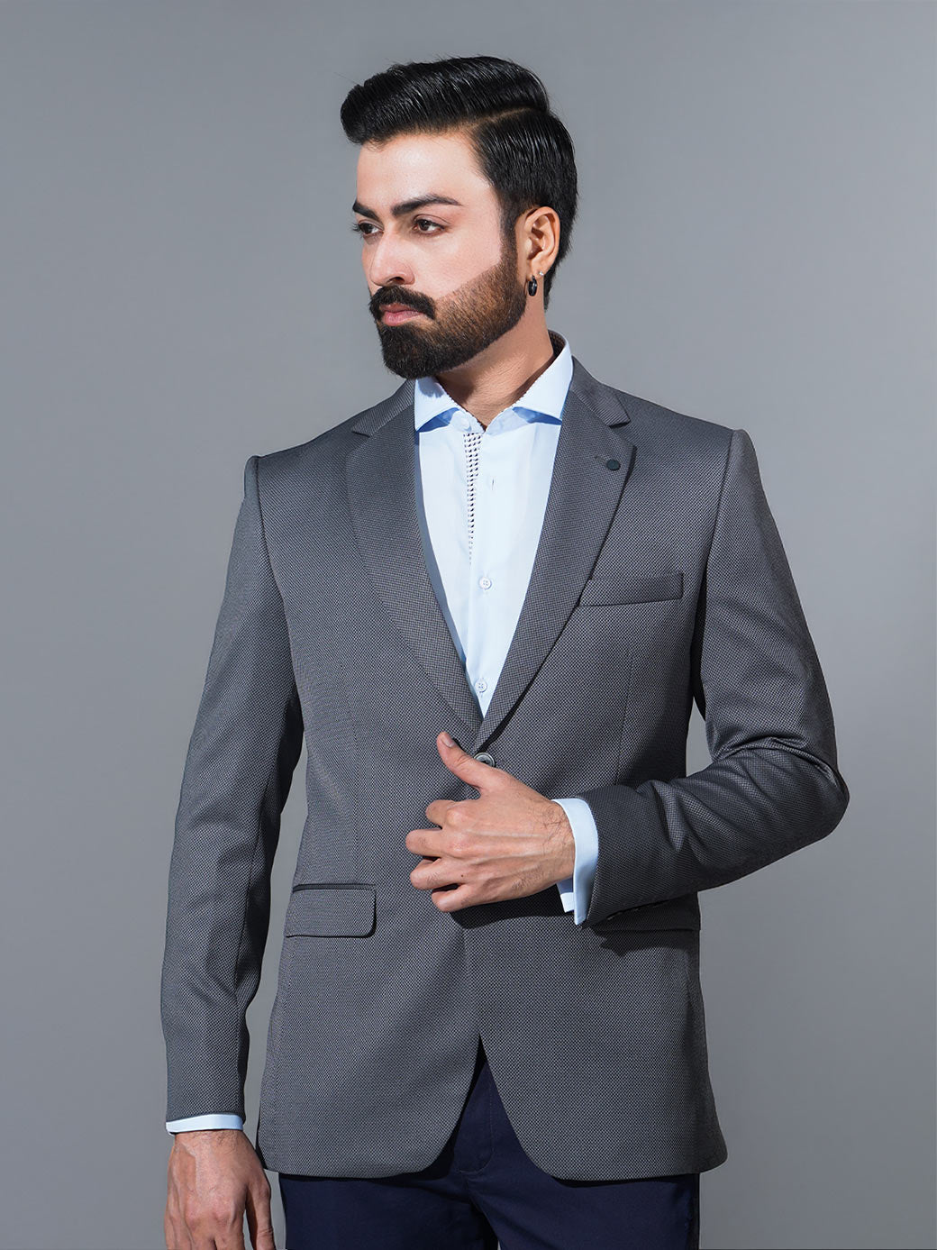 Grey Self Single-Breasted Tailored Men’s Blazer (BMF-075)