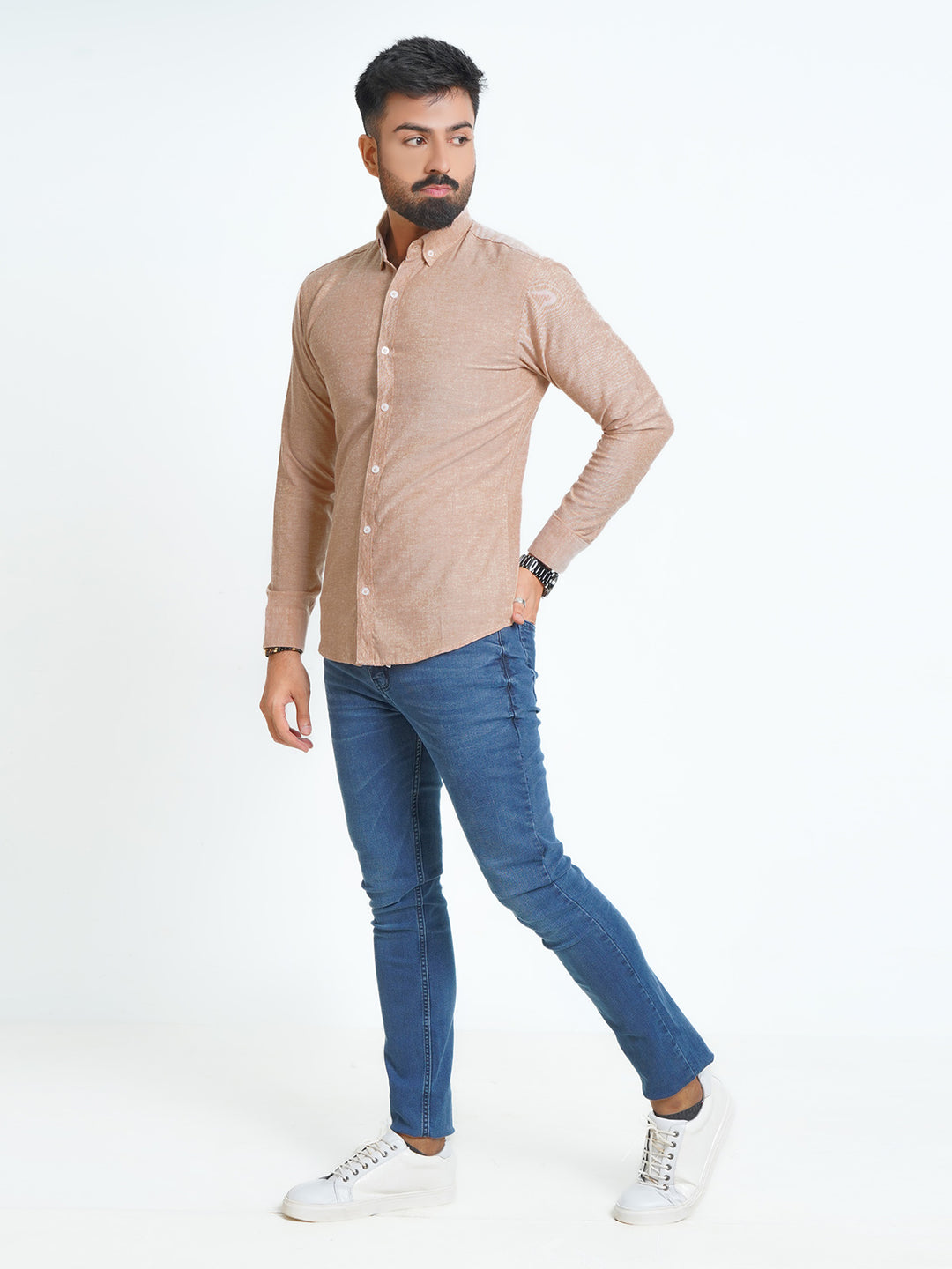 Light Brown Self Button Down Casual Shirt (CSB-138)