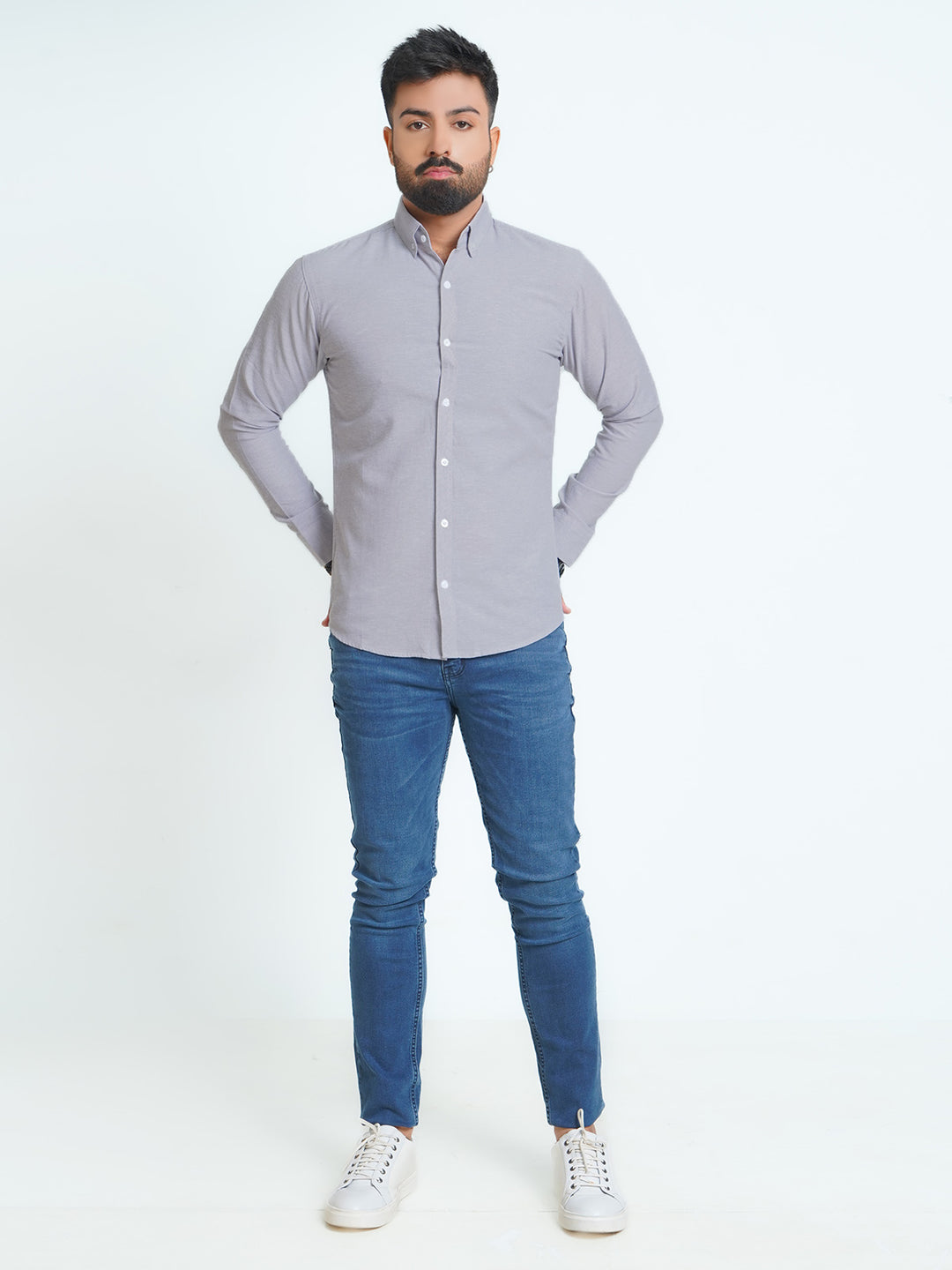 Light Grey Self Button Down Casual Shirt (CSB-142)