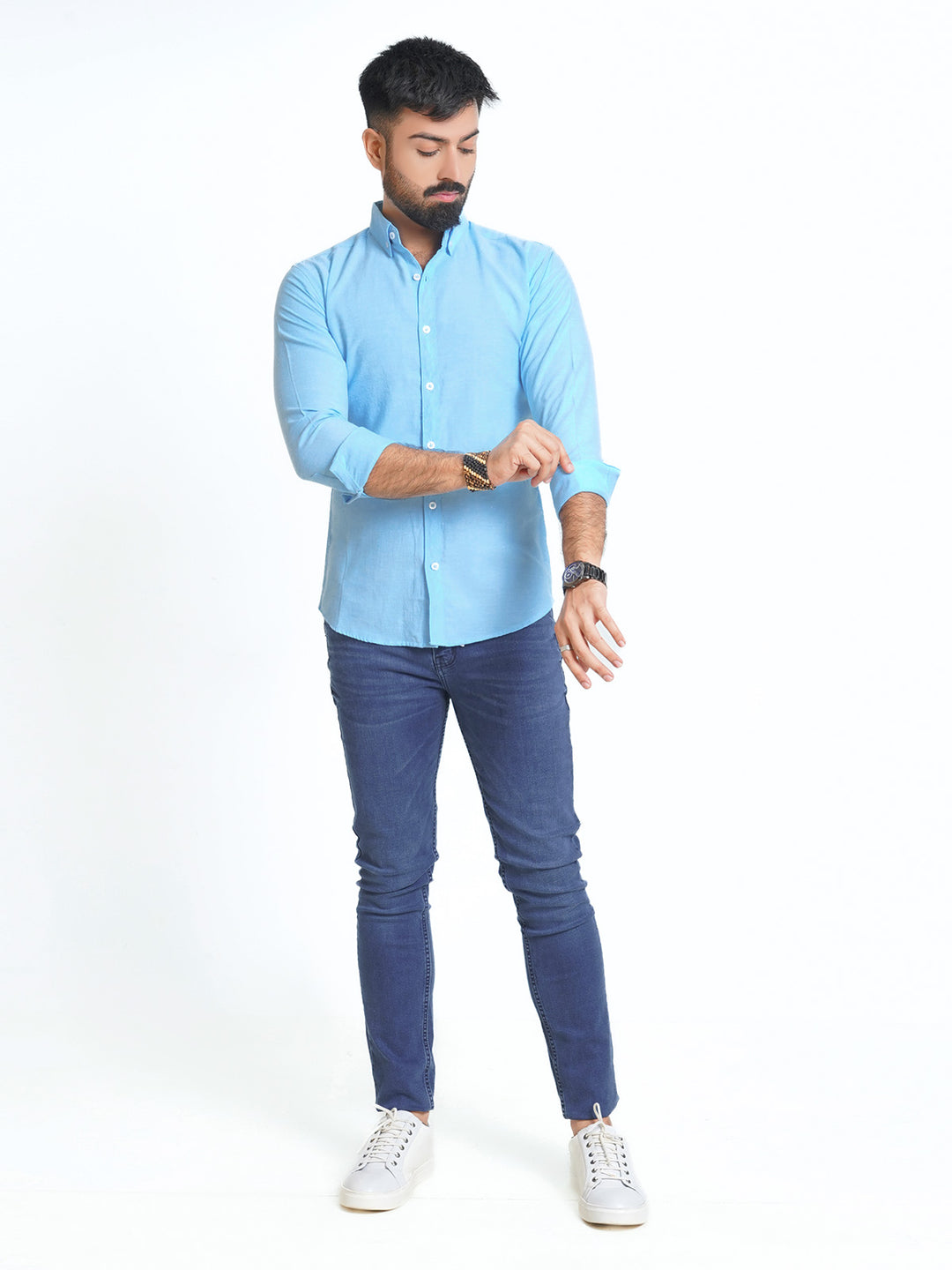 Sky Blue Self Button Down Casual Shirt (CSB-144)